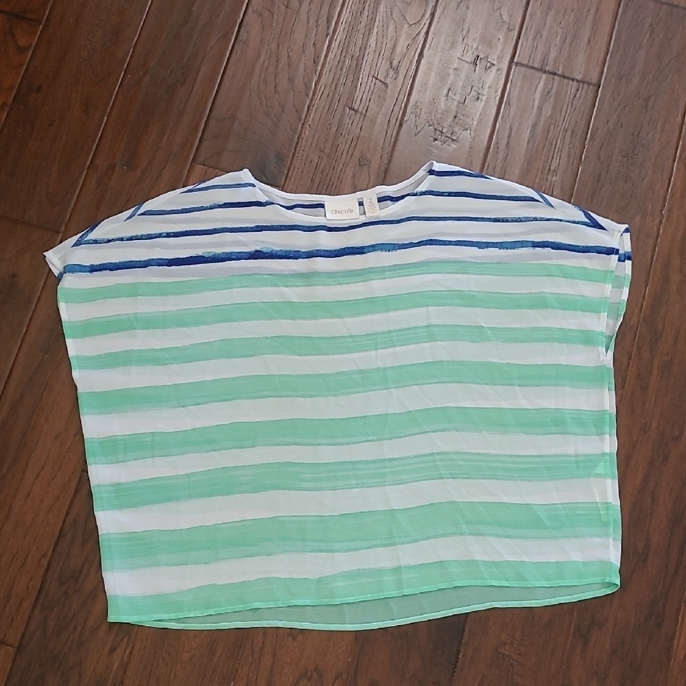 Chico's Blue, Green & White Striped Sheer Top size 2 (Large)